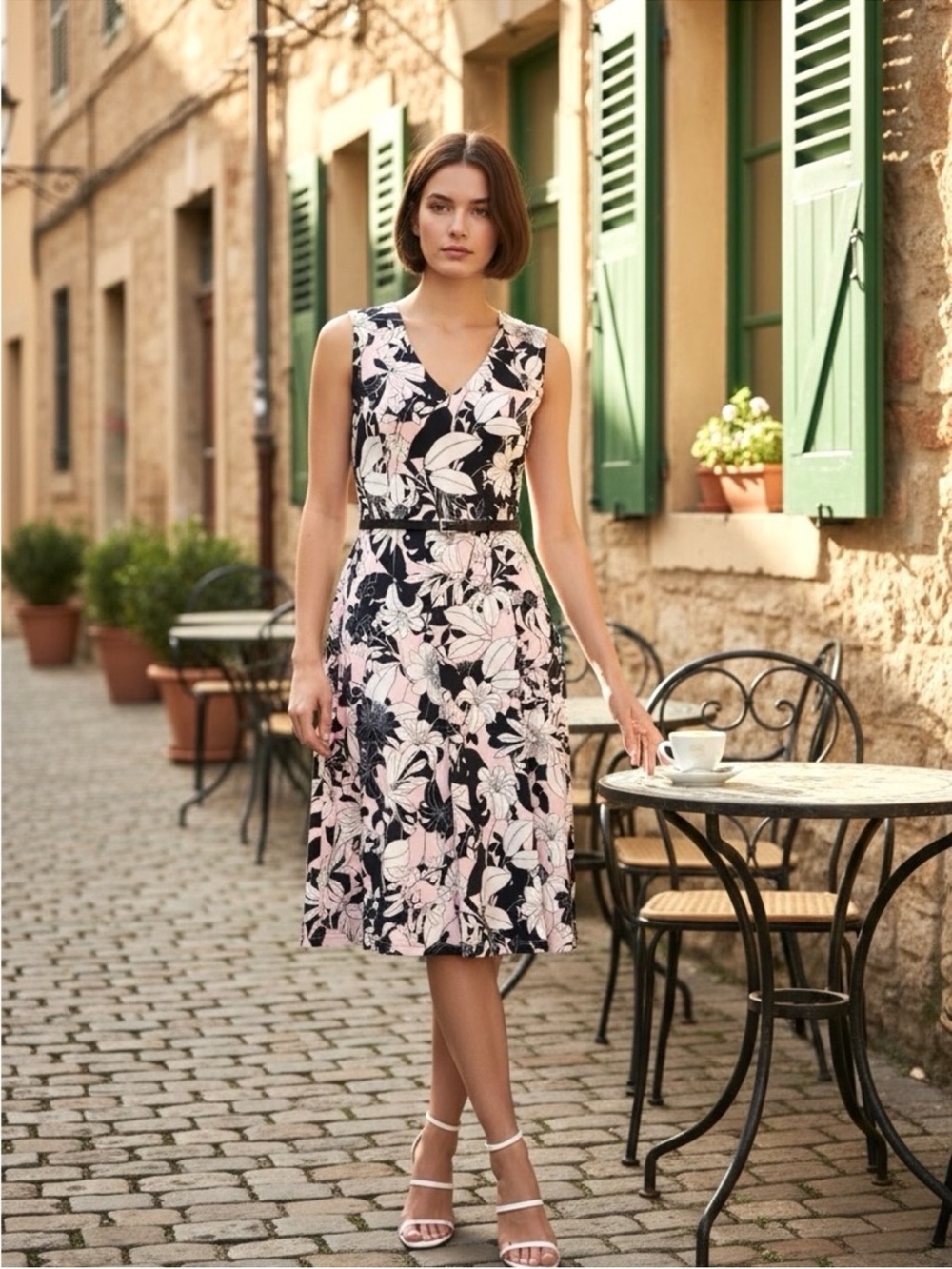 Tommy Hilfiger Black and Light Pink Floral V-Neck Midi Dress